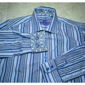 Robert Graham Mens Striped Long Sleeve Shirt M 100% Cotton Blue &‎ White Pattern